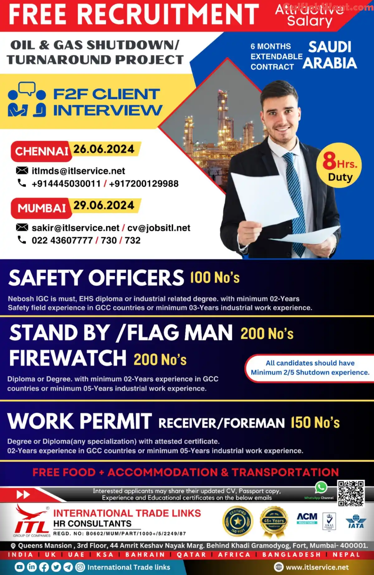 Job recruitment poster for Oil & Gas Shutdown/Turnaround Project in Saudi Arabia with interview dates in Chennai and Mumbai.