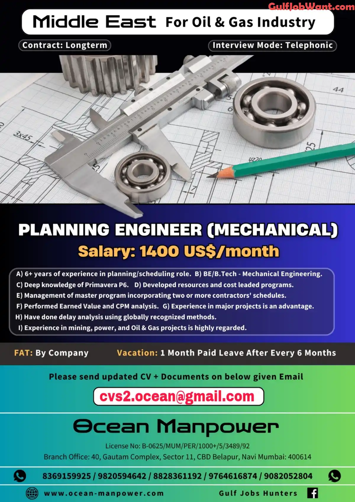 Mechanical tools on blueprints with a job posting for a Planning Engineer in the Middle East's Oil & Gas industry.