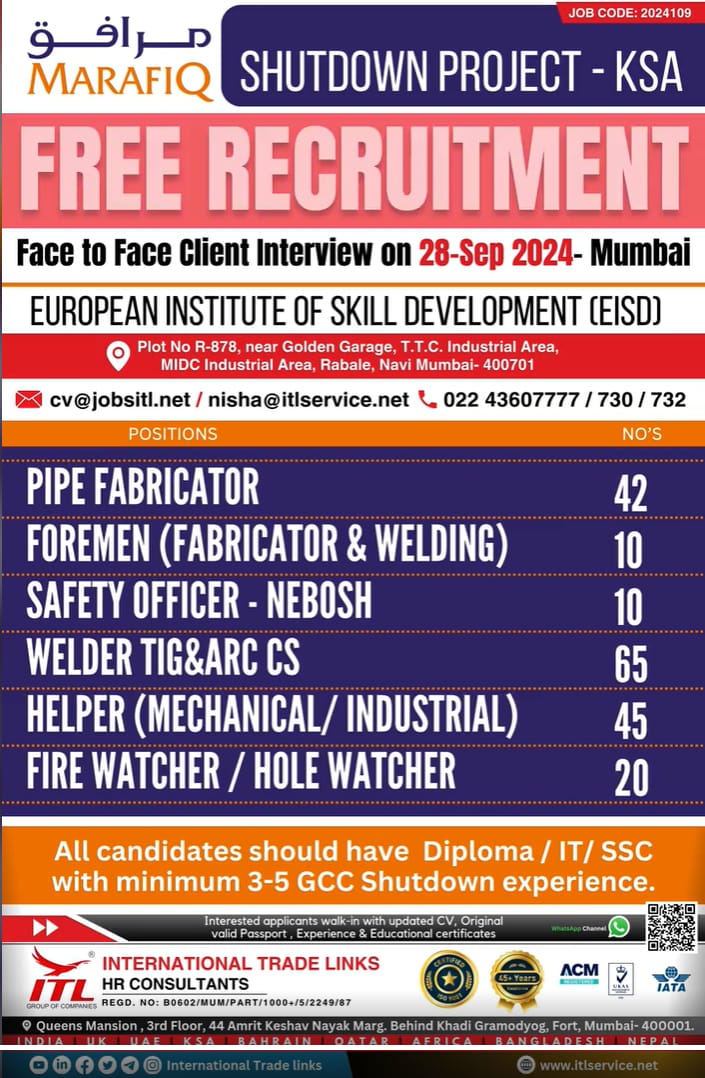 KSA JOBS| Job openings for Shutdown Project in KSA - Face to face interviews in Mumbai