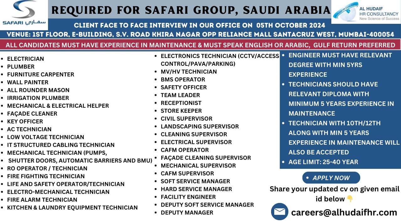 • "Safari Group Saudi Jobs| Saudi Arabia Job Openings for Maintenance Roles"