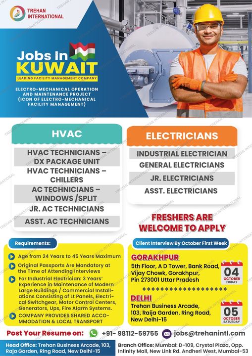 Kuwait Jobs| HVAC Technicians and Electricians jobs in Kuwait – Trehan International" Caption: "Join Trehan International for exciting job opportunities in Kuwait's facility management projects