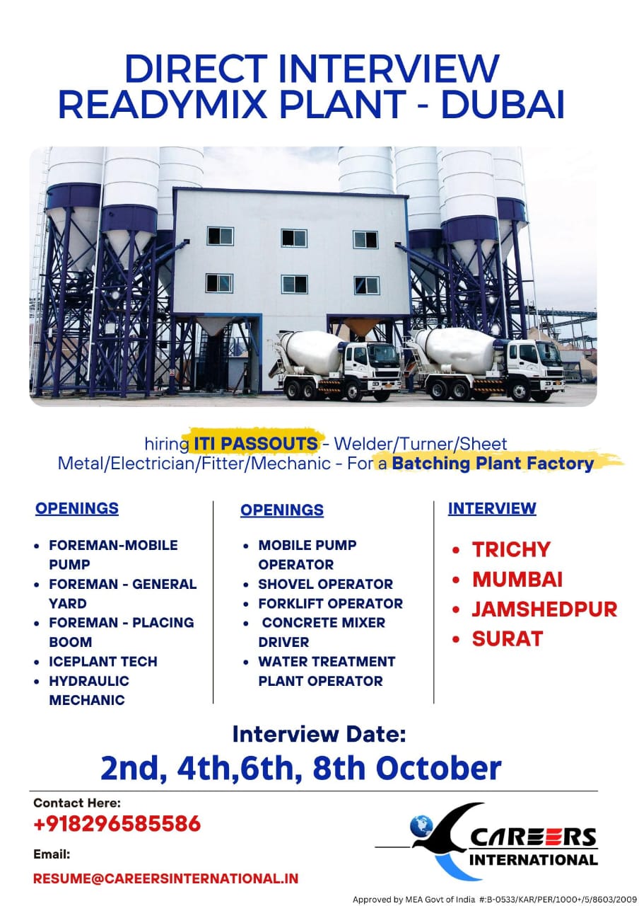 ITI Jobs| ITI passouts required for Dubai Readymix plant jobs