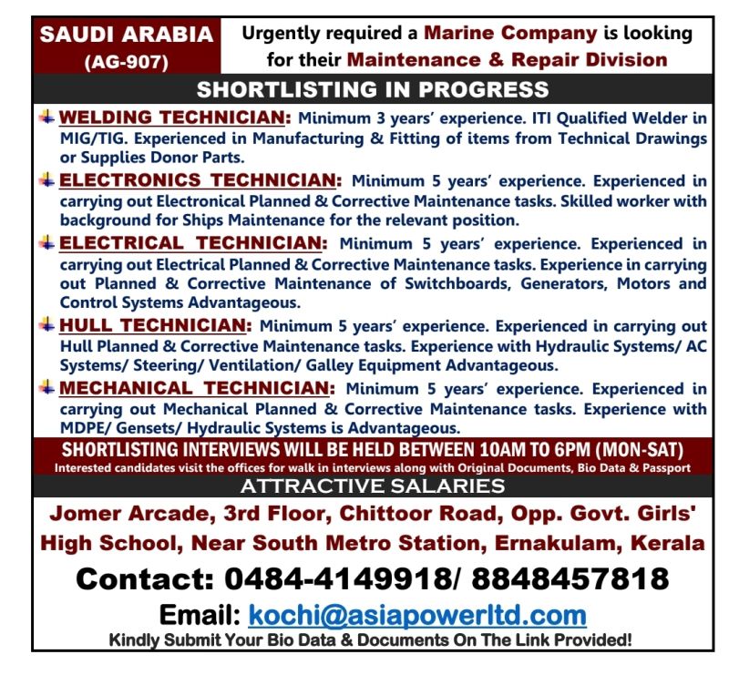 Maintenance Jobs| Marine technicians required for Saudi Arabia maintenance division