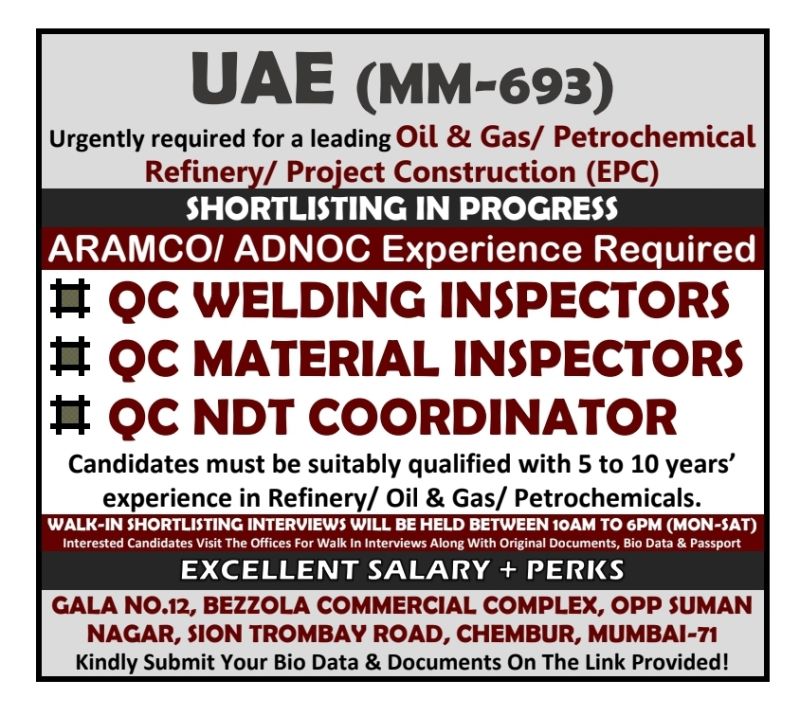 Urgent Jobs| Hiring QC inspectors for Oil & Gas projects in UAE