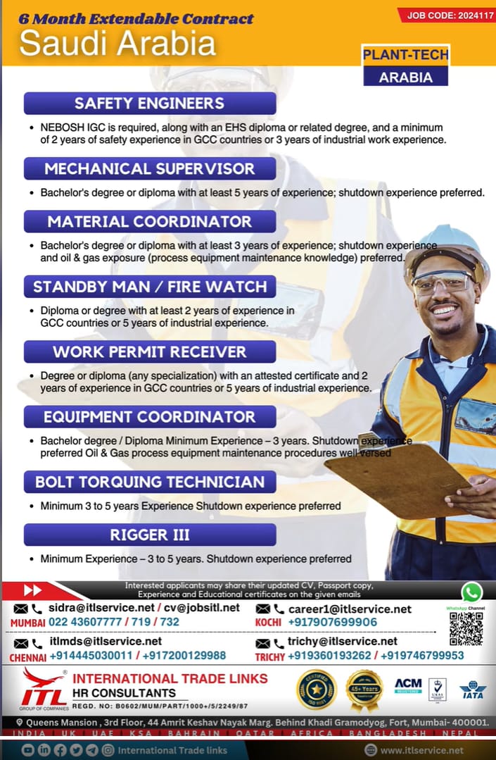 Short Term Jobs| Safety engineers, mechanical supervisors, and technicians needed for Saudi Arabia 6-month contract