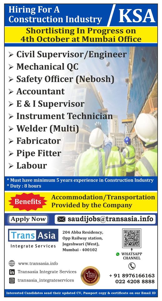 Construction Jobs| • Hiring for construction jobs in Saudi Arabia for supervisors, welders, and technicians