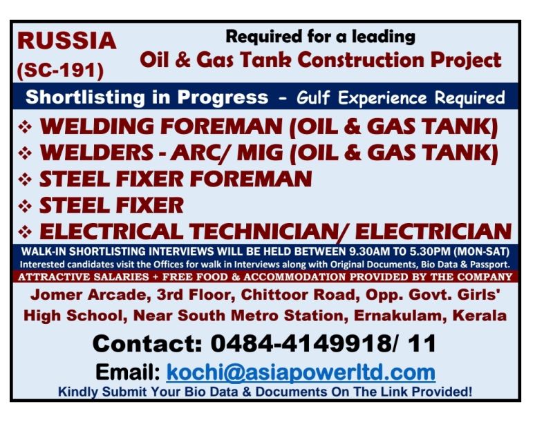 Russia Jobs| Urgent recruitment for welders, foremen, and technicians in Russia for oil & gas tank construction