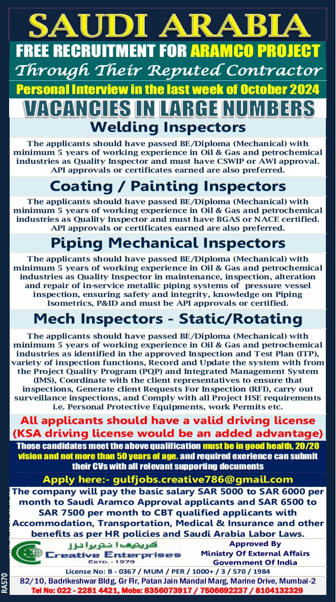 Mechanical Jobs| Aramco project free recruitment for welding, coating, and mechanical inspectors in Saudi Arabia