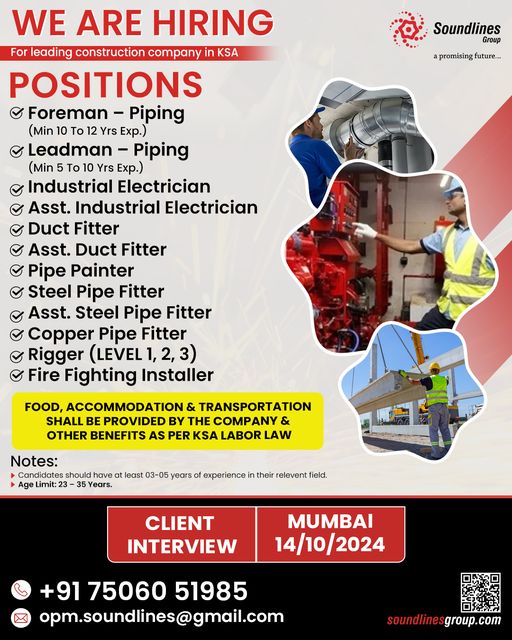 Foreman Jobs| Job openings for Foreman, Electricians, and Duct Fitters in KSA with Soundlines Group. Interview in Mumbai