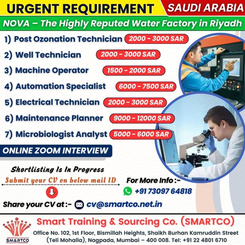 Urgent job vacancies at NOVA Water Factory in Riyadh, Saudi Arabia with online Zoom interviews