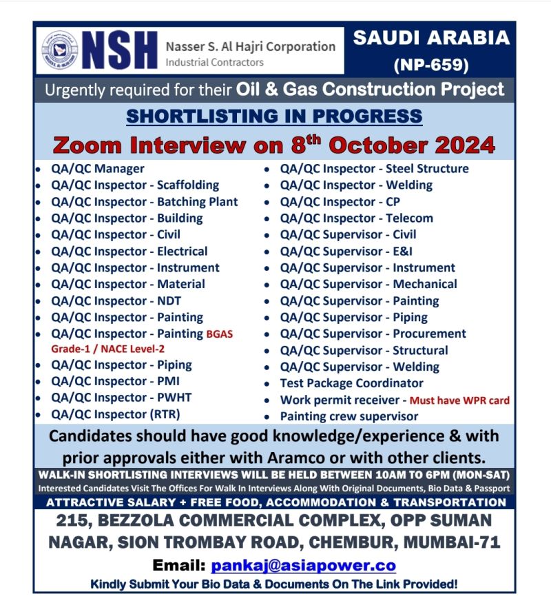 Quality Jobs| Urgent QA/QC job openings in Saudi Arabia for Oil & Gas construction with Zoom interview on 8th October 2024