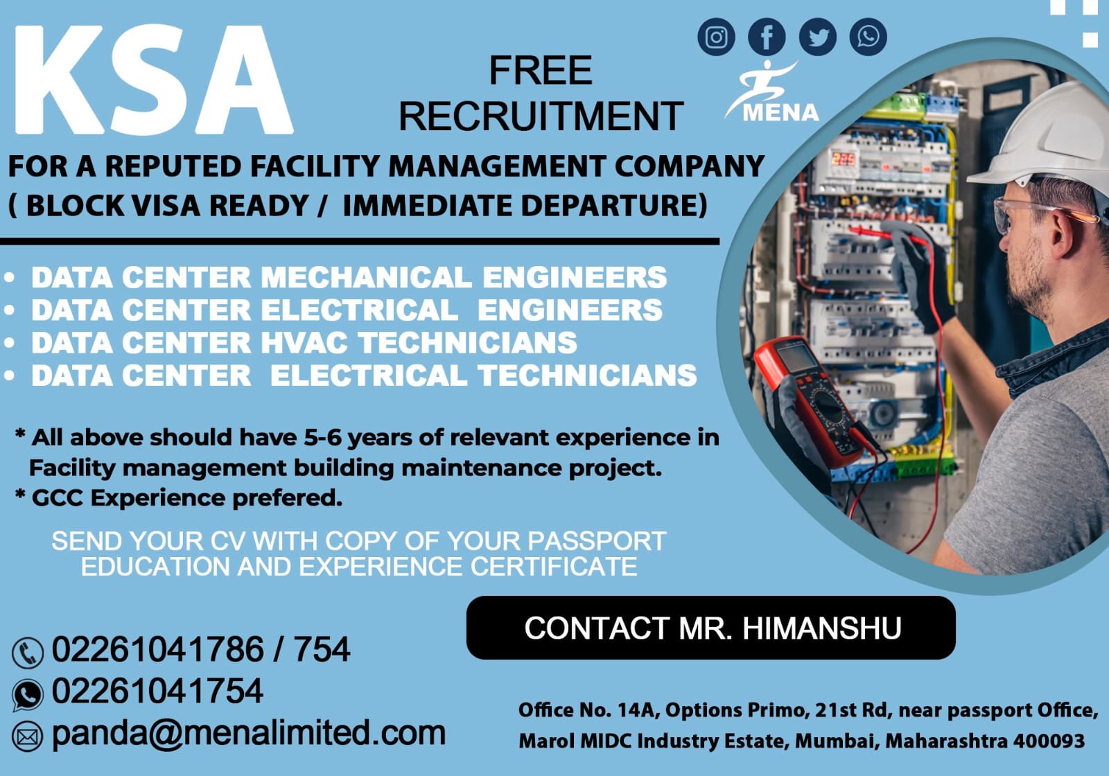 Engineering Jobs| Free recruitment for Data Center Engineers and Technicians in Saudi Arabia with immediate departure