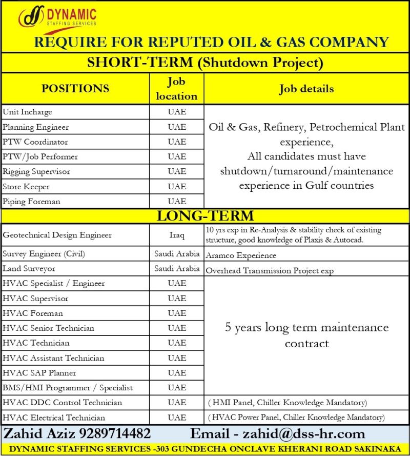 HVAC Job| Dynamic Staffing Services hiring for various positions in the UAE's oil and gas sector