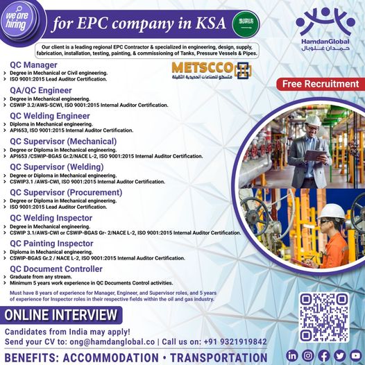 Mechanical Engineer Jobs| Free Recruitment for EPC Company in Saudi Arabia - QC Managers, Engineers, and Inspectors Needed