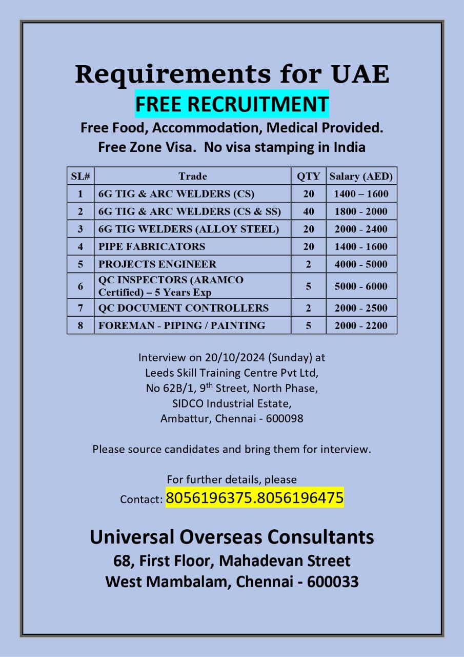 Engineer Jobs| Free Recruitment for Welders and Engineers in UAE - Walk-In Interview in Chennai