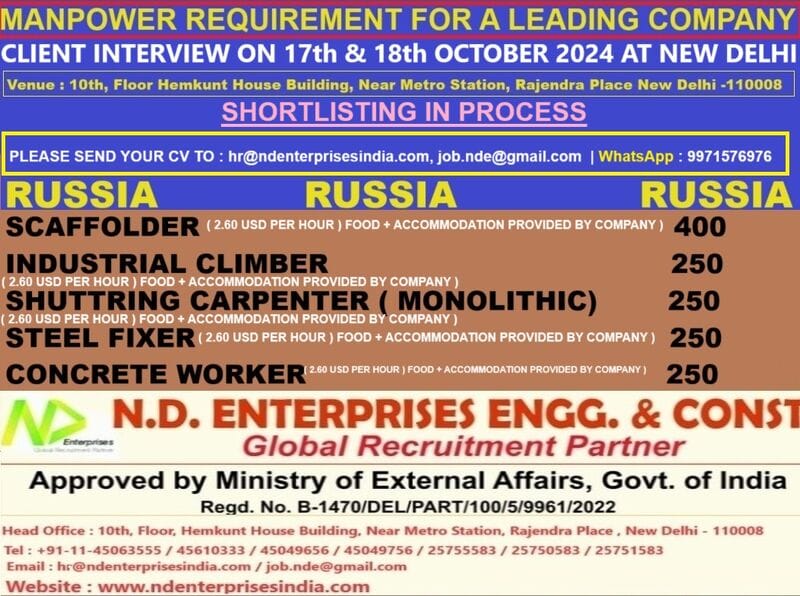 Russia Job| : Urgent Hiring for Scaffolders, Climbers, Carpenters, and Concrete Workers in Russia | Interview in Delhi