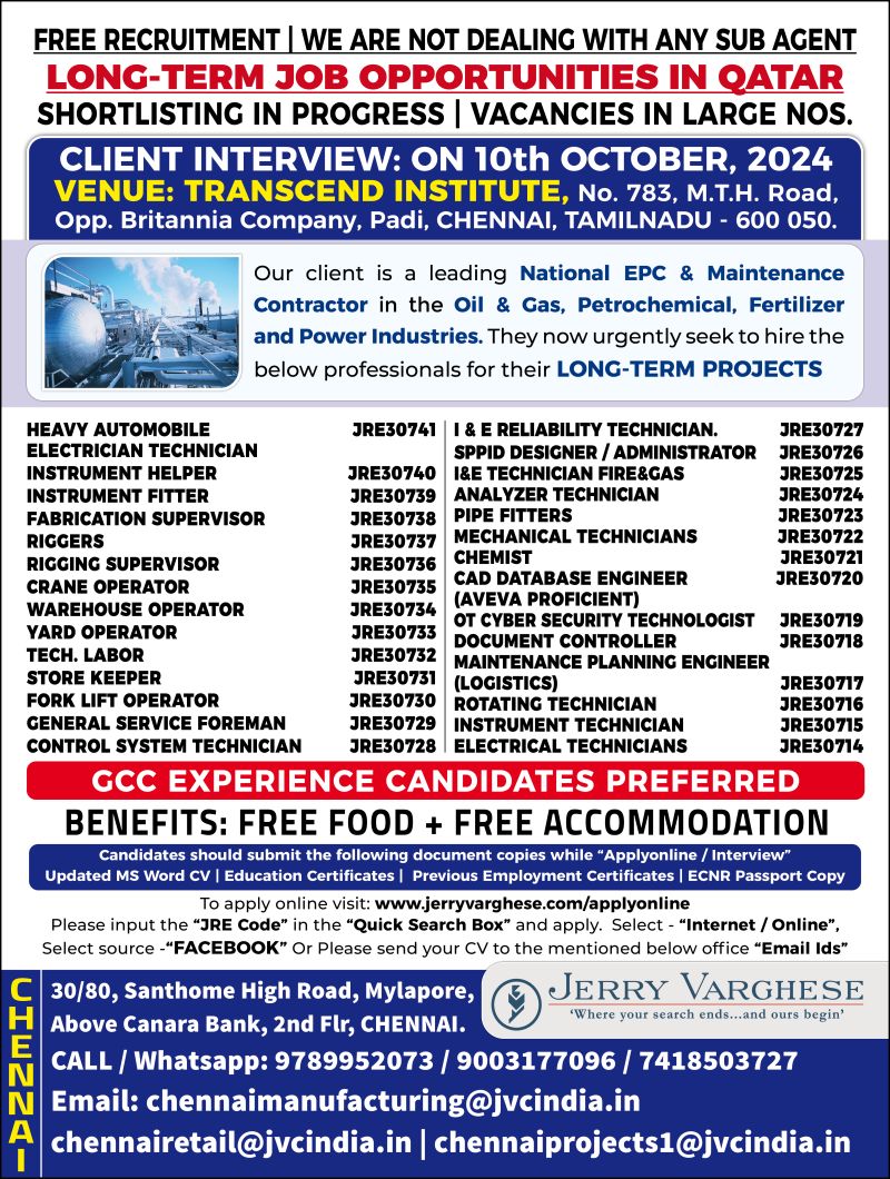 Long-Term Job| Free Recruitment for Long-Term Jobs in Qatar | Client Interview in Chennai