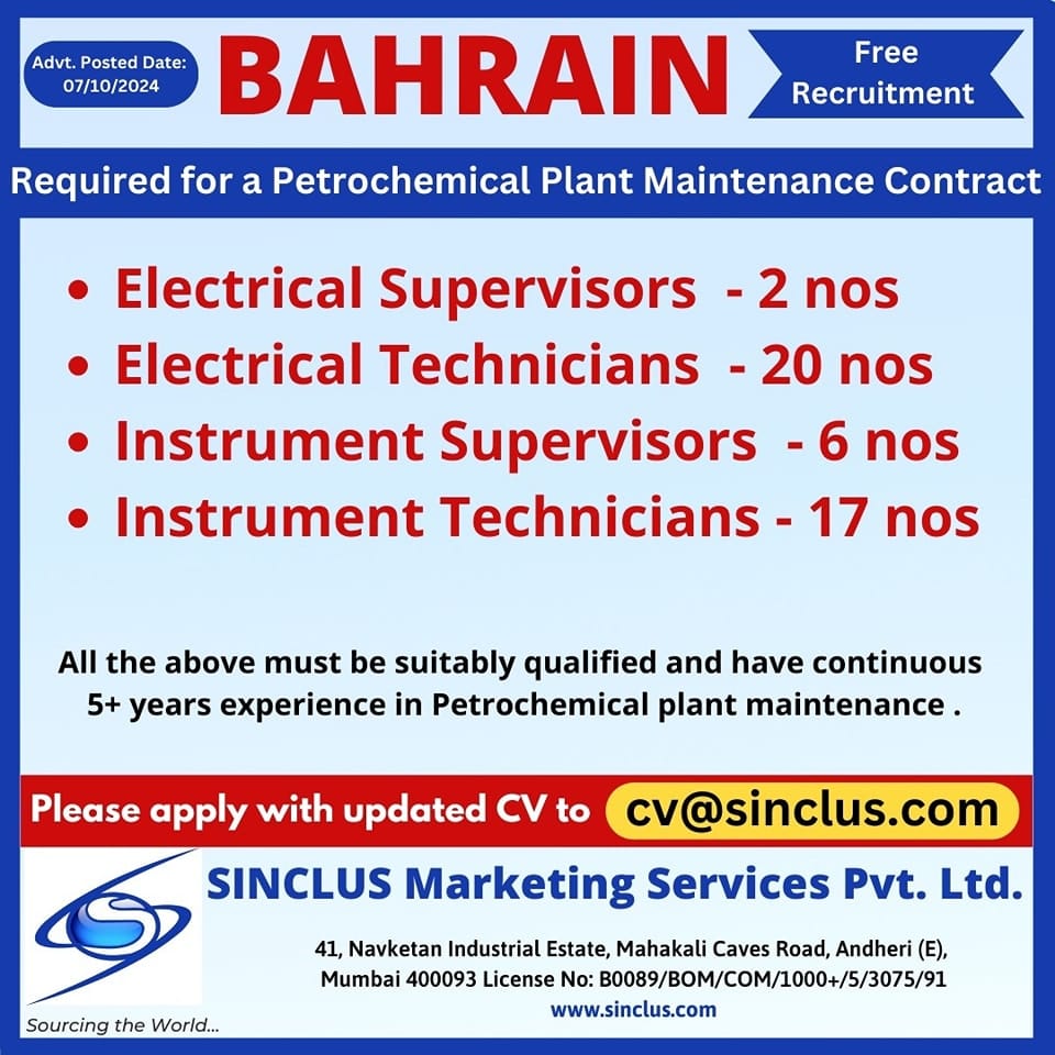 Maintenance Job| Free Recruitment for Petrochemical Plant Maintenance Jobs in Bahrain