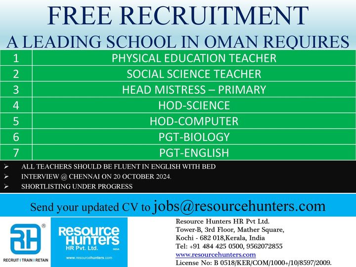 Teaching Jobs In Oman| Teachers working in classrooms in Oman, recruited through free recruitment by Resource Hunters