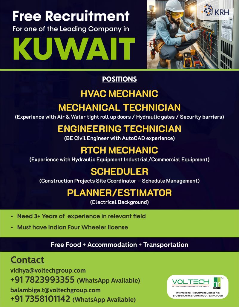 Construction Job| Technicians and engineers working in Kuwait for a leading company under free recruitment