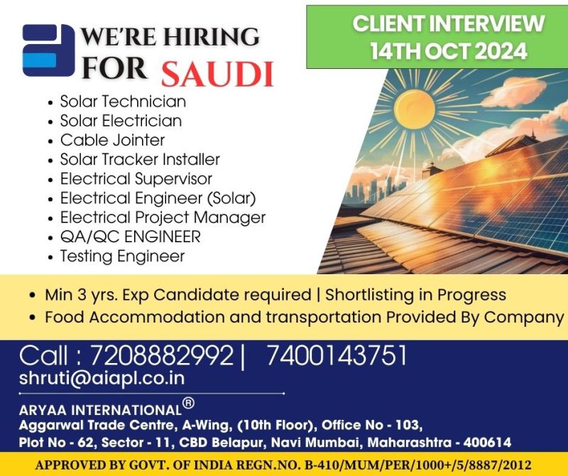 Electrical Engineer Jobs| Solar Technicians and Engineers working on site for Saudi Projects