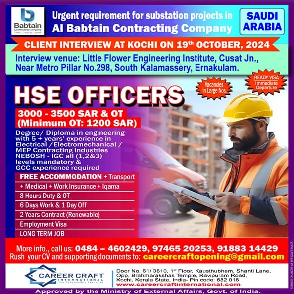 HSE Officer Jobs| Urgent hiring for HSE Officers in Saudi Arabia with interviews in Kochi