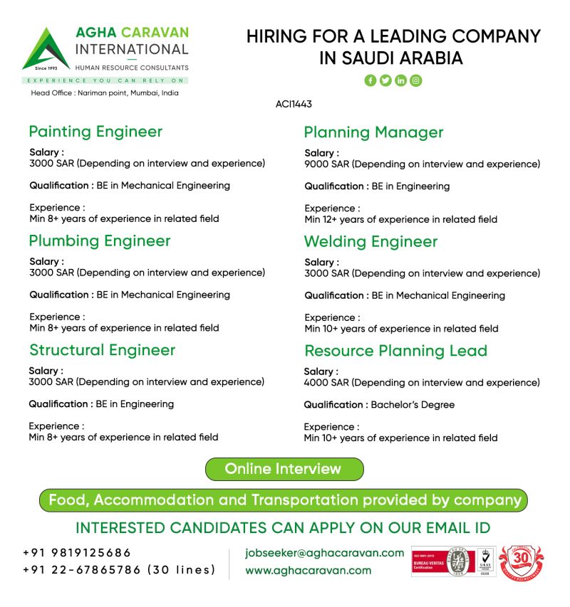 Structural Engineer Jobs| Hiring Engineers for Saudi Arabia | Painting, Plumbing, Structural, Welding, and More