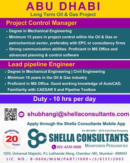 Mechanical Engineer Job| • Hiring Project Control Manager and Lead Pipeline Engineer for Abu Dhabi Oil & Gas Project