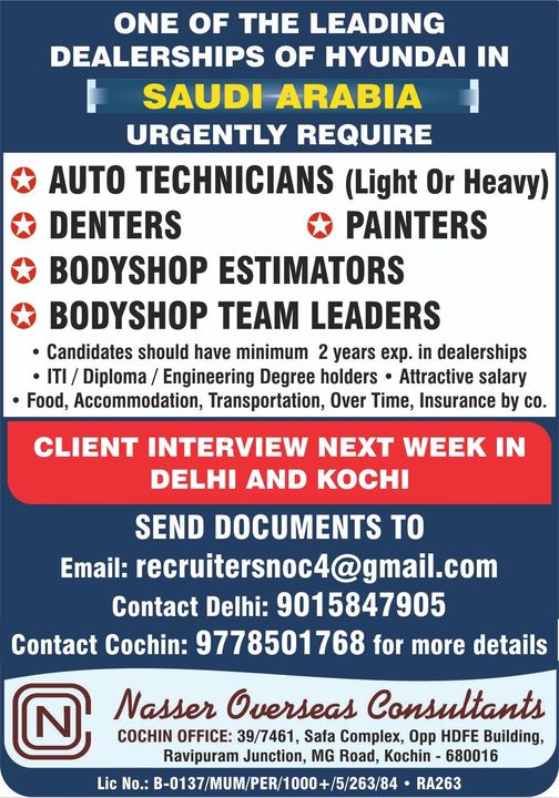 Painter Jobs| Auto Technicians, Denters, and Painters urgently required for Hyundai dealership in Saudi Arabia