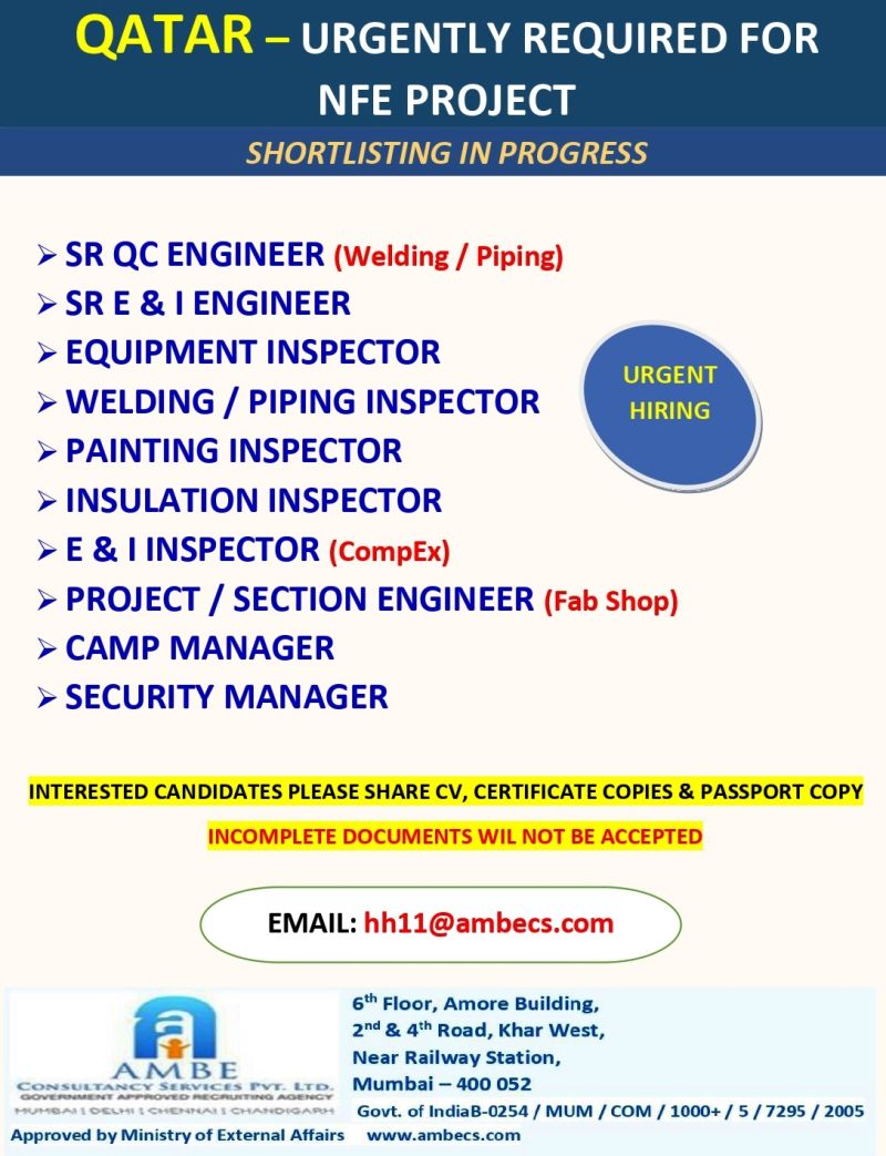 QC Engineer Jobs| Urgent job openings for QC Engineers, Inspectors, and Managers for NFE Project in Qatar