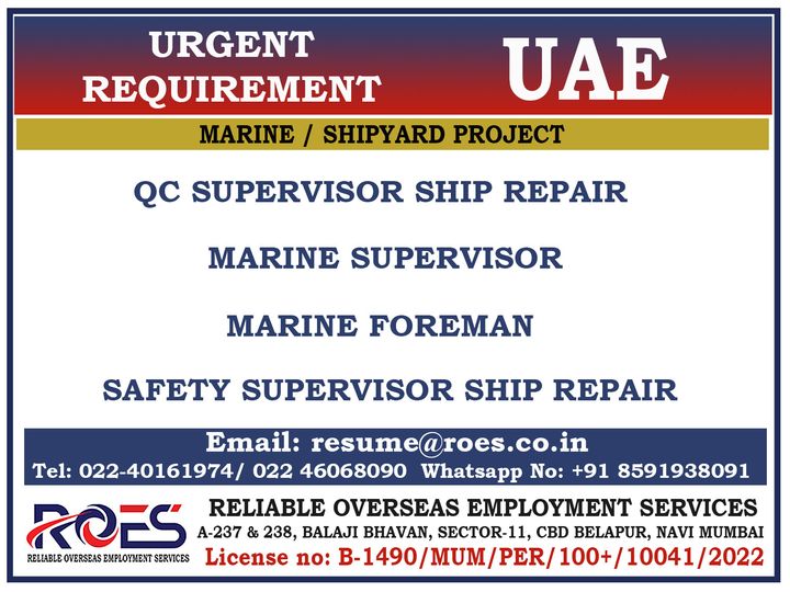 Marine Jobs| Urgent marine and shipyard job openings in UAE - QC Supervisor, Marine Supervisor, and more