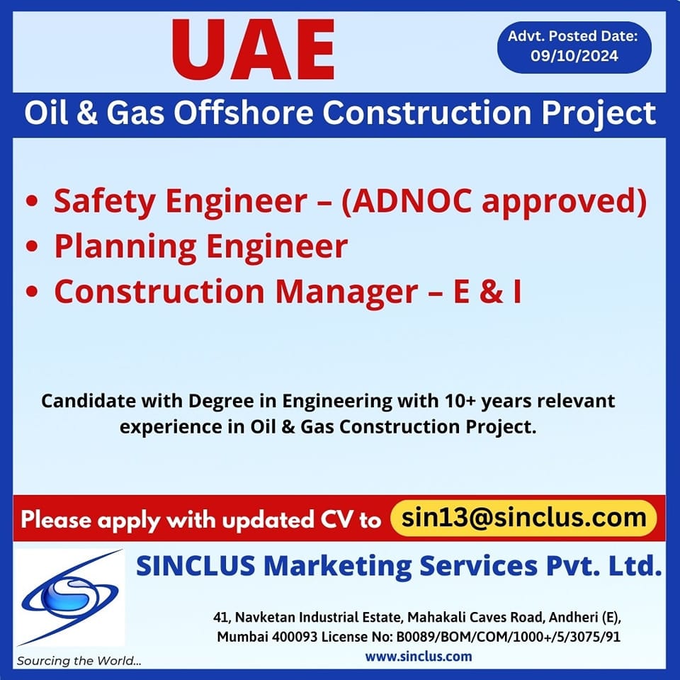 Manager Job| Hiring Safety Engineers, Planning Engineers, and Construction Managers for UAE Oil & Gas offshore project