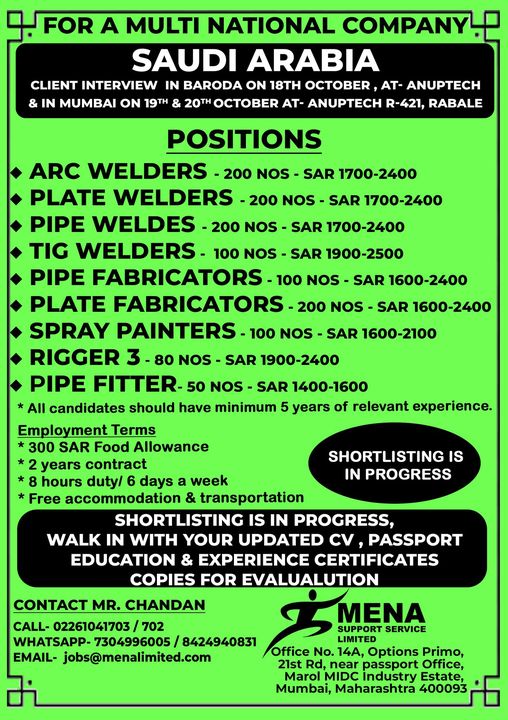 Fabricator Jobs| Urgent hiring for welders, fabricators, and riggers in Saudi Arabia - Client interview in Baroda and Mumbai