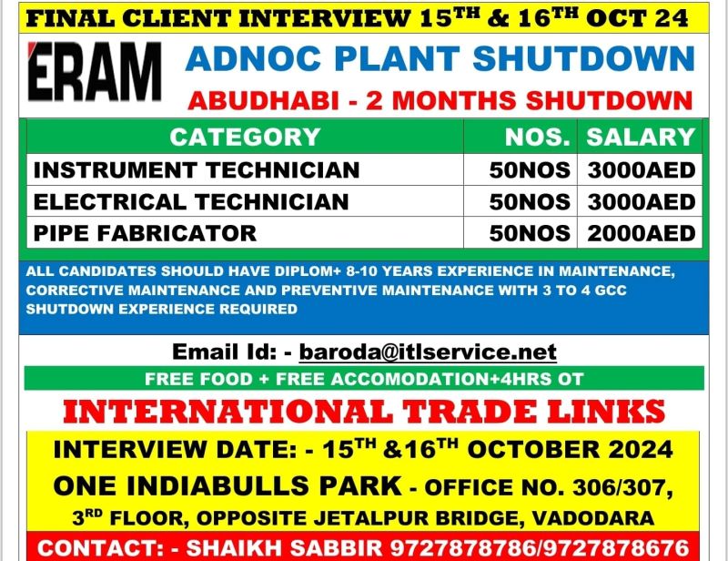 Plant Shutdown Jobs| ADNOC Plant Shutdown Jobs for Technicians and Fabricators in Abu Dhabi