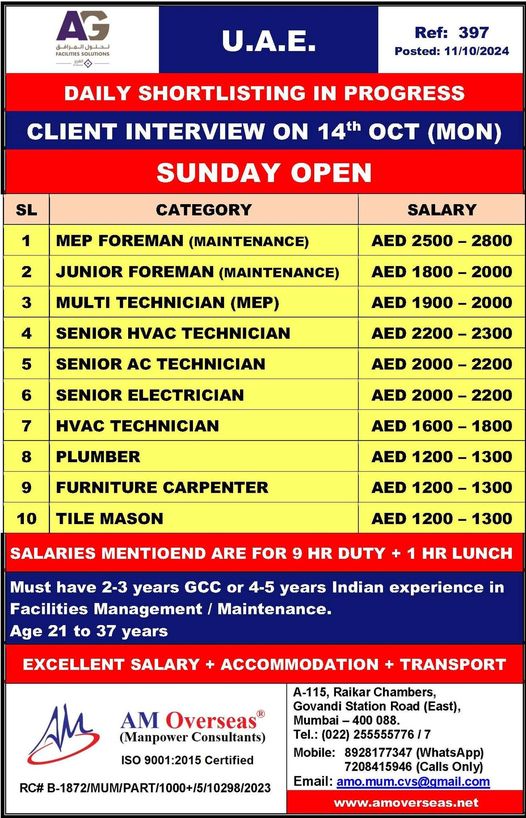 Electrician Job| UAE jobs for MEP Foreman, HVAC Technicians, and more. Walk-in interview on 14th October 2024