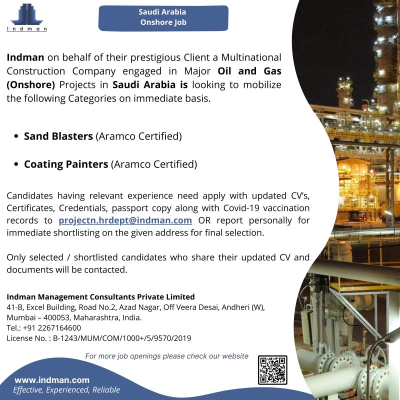 Construction Company Jobs| Job openings for Aramco certified Sand Blasters and Coating Painters in Saudi Arabia