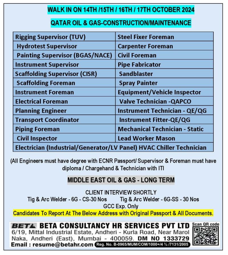 Industrial Jobs| Walk-in interview for Qatar oil & gas construction and maintenance jobs at Beta Beta Consultancy, Mumbai