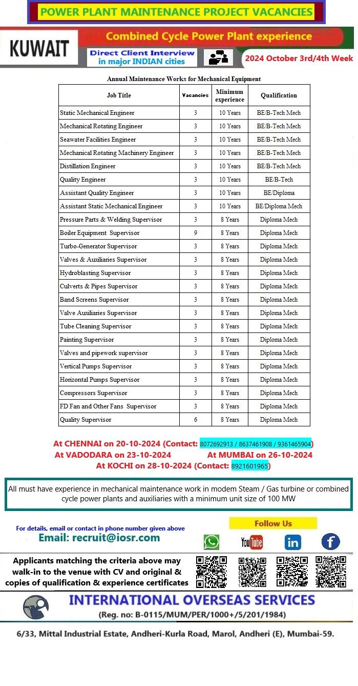 Power Plant Jobs| Walk-in interviews for Kuwait power plant maintenance jobs in October 2024 at International Overseas Services, Mumbai