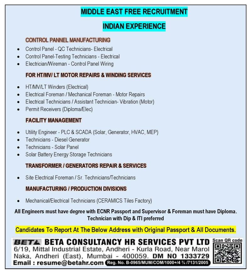 Middle East Jobs| Middle East free recruitment for electrical and mechanical jobs at Beta Beta Consultancy HR Services in Mumbai