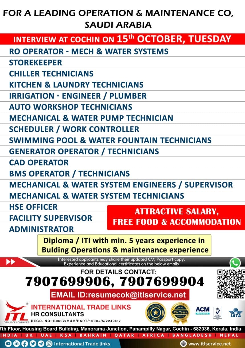 Mechanical Technician Jobs| Interview in Cochin for Operation & Maintenance Jobs in Saudi Arabia