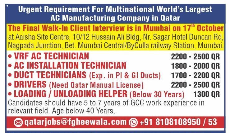 Multinational Company Jobs| Final Walk-In Interview in Mumbai for Qatar Jobs – VRF AC Technicians, Drivers, and More