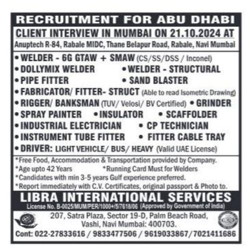 Welder Jobs In Gulf| Job openings in Abu Dhabi for welders, fitters, electricians, and drivers with walk-in interviews in Mumbai