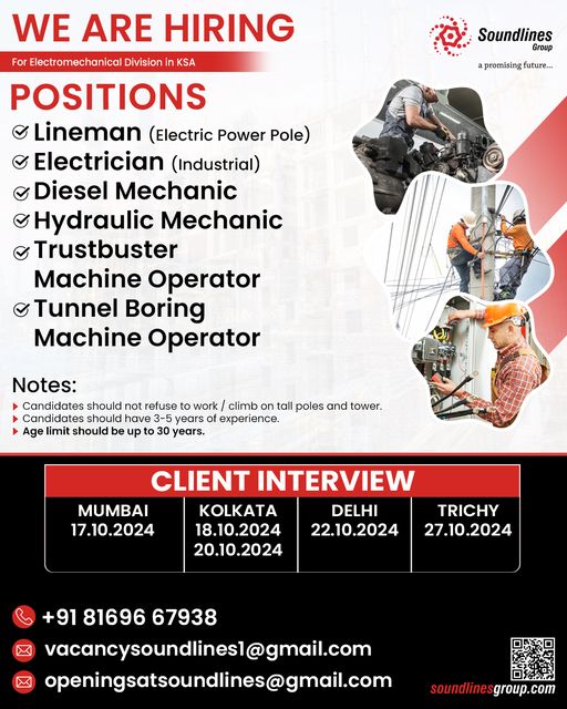 Operator Job| Job openings in KSA Electromechanical Division – Apply through Soundlines Group