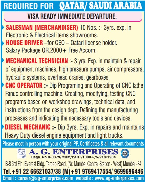 Salesman Jobs| Job Openings in Qatar and Saudi Arabia for Salesmen, Drivers, Technicians