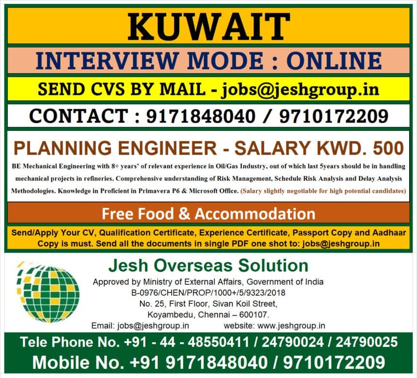 Planning Engineer Job| Planning Engineer Job Vacancy in Kuwait for Oil & Gas Industry