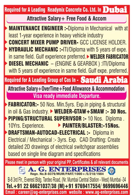 Piping Supervisor| Job Openings in Dubai and Saudi Arabia for Engineers, Drivers, and Mechanics