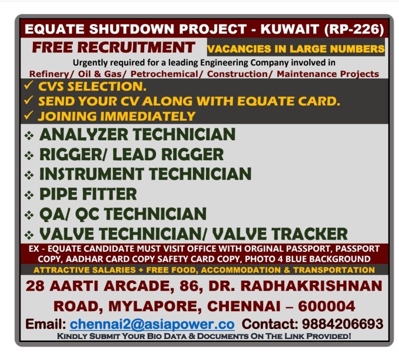 Rigger Jobs| Free recruitment for EQUATE Shutdown Project in Kuwait – Apply now for multiple positions