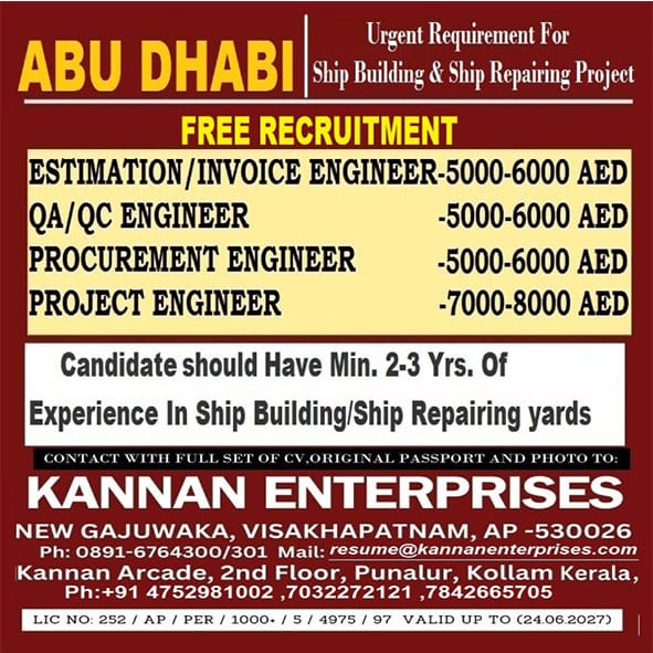 Project Engineer Jobs| Urgent recruitment for Shipbuilding and Ship Repair Engineers in Abu Dhabi