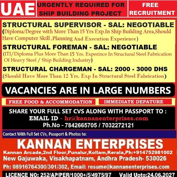 Shipbuilding Jobs| Urgent free recruitment for Structural Supervisors, Foremen, and Chargemen in UAE shipbuilding project