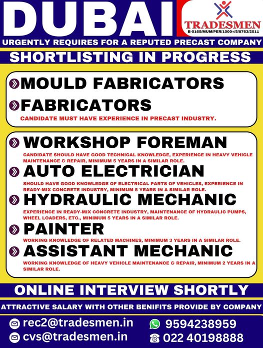 Dubai Employment| Urgent job openings in Dubai for mould fabricators, auto electricians, and hydraulic mechanics in a precast company